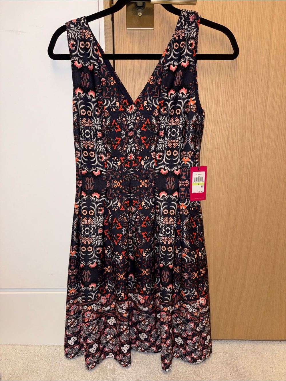 NWT- Vince Camuto Navy Dress with Coral and White Pattern
